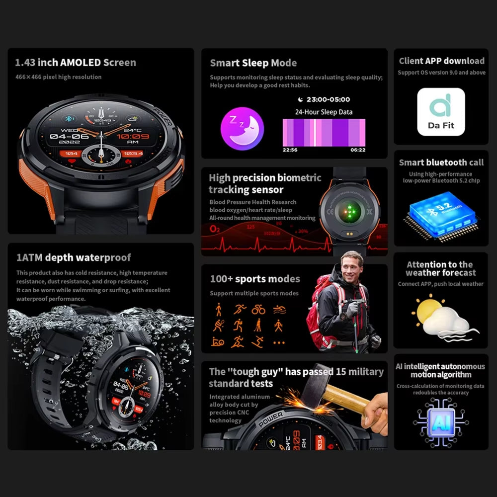 C25 Smart Watches for Men AMOLED Screen 1.43" 1ATM Waterproof Heart Rate Monitor Sports Smartwatch Blue Tooth Call Women Fitness